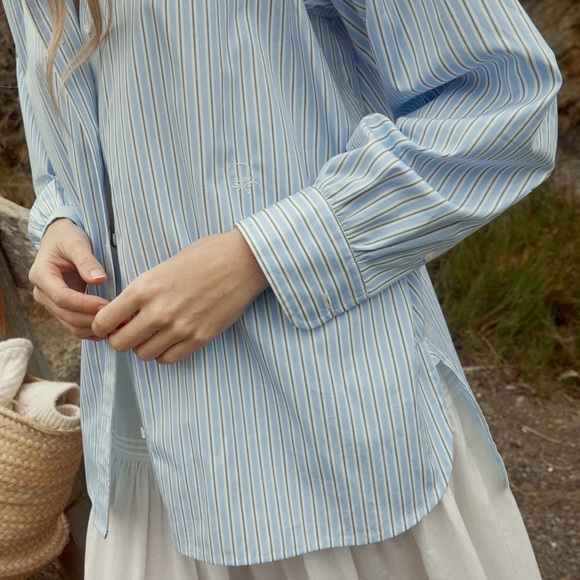 Doen Hava Cotton Oversized Button Down Shirt Blouse Top Santorini Stripe Blue - Picture 3 of 12